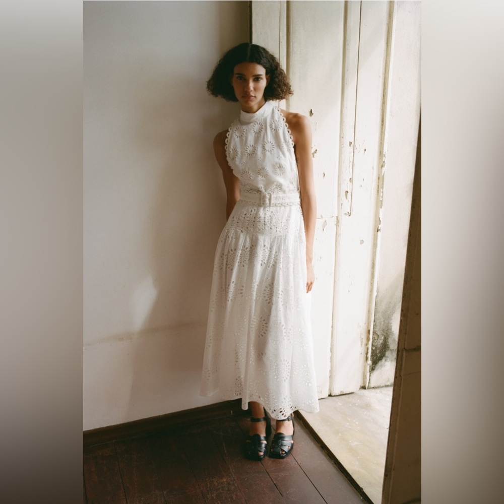 NEW ZARA WHITE LONG EMBROIDERED OPENWORK EYELET DRESS SIZE M 2292/974 RARE